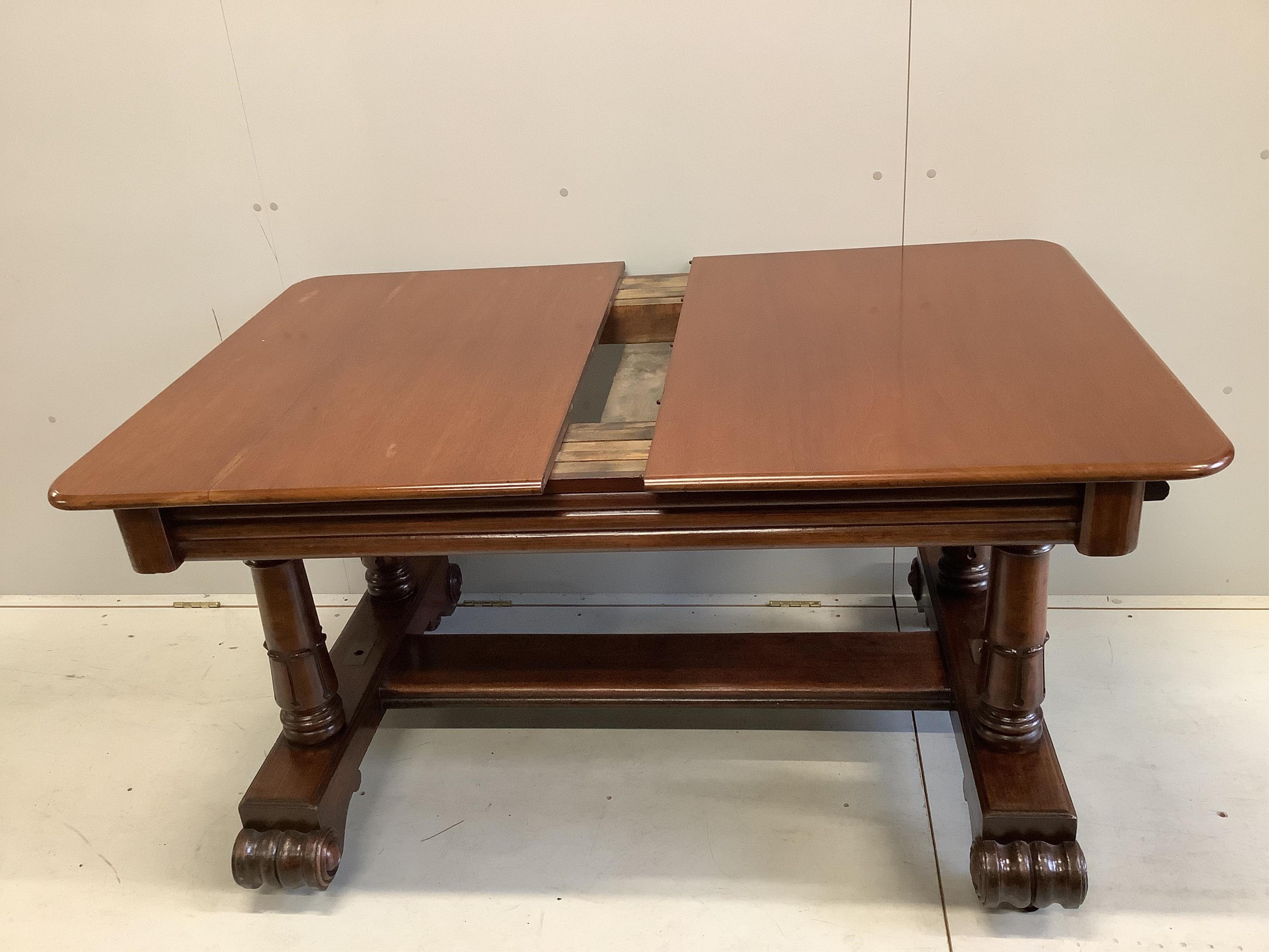 A William IV rectangular mahogany extending dining table, 207cm extended, two spare leaves, depth 95cm, height 77cm. Condition - fair to good, top has been repolished and offset when extended, not closing fully when not.